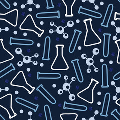 seamless beaker with atom pattern on blue background
