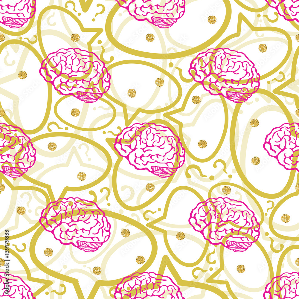 Fototapete seamless brain, text frame and question mark with gold dot glitter pattern background