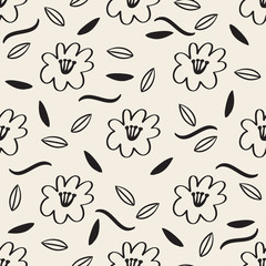 seamless monochrome hand drawn flower and leaf pattern background
