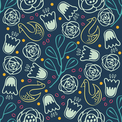 seamless colorful hand drawn flower and bird pattern background