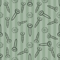 seamless hand drawn green equipment tool pattern on stripe background