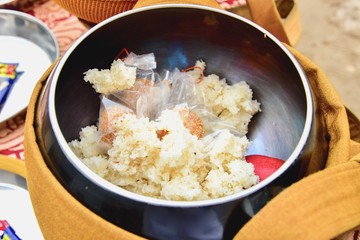 Stainless Steel Alms Bowl Filled with Sticky Rice