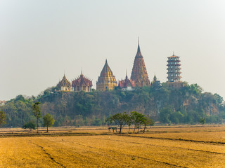 Beautiful shot of golden temple on the top of mountain with rice field foreground