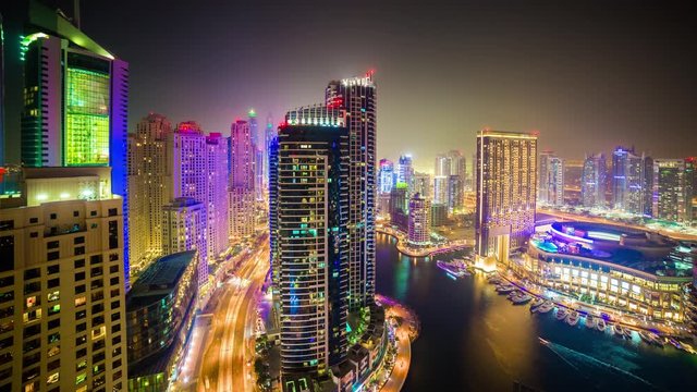 night life illumination dubai marina rooftop traffic panorama 4k time lapse uae
