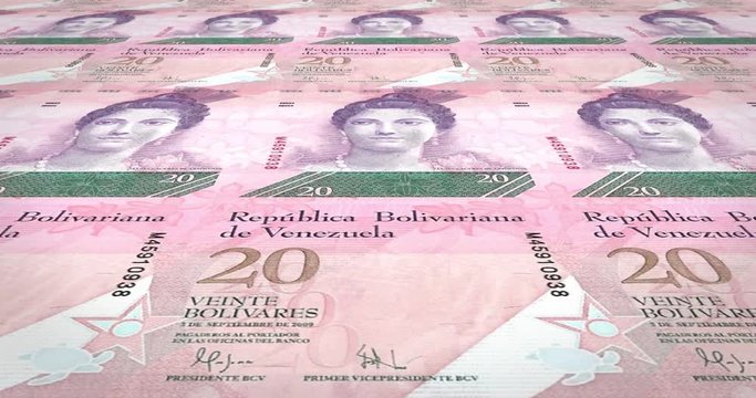 Banknotes of twenty Venezuelan bolivars rolling on screen, cash money, loop
