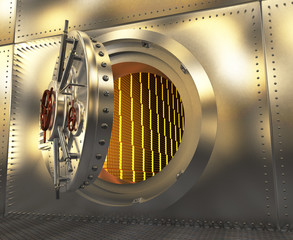 Safe with the door open. Gold in the vault. 3D illustration
