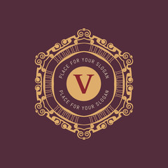 The letter V. Flourishes calligraphic monogram emblem template. Luxury elegant frame ornament line logo design vector illustration. Example designs for Cafe, Hotel, Heraldic, Restaurant, Boutique