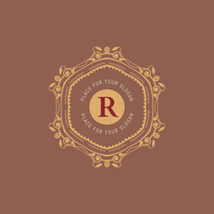 The letter R. Flourishes calligraphic monogram emblem template. Luxury elegant frame ornament line logo design vector illustration. Example designs for Cafe, Hotel, Heraldic, Restaurant, Boutique
