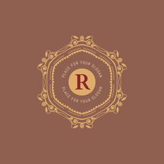 The letter R. Flourishes calligraphic monogram emblem template. Luxury elegant frame ornament line logo design vector illustration. Example designs for Cafe, Hotel, Heraldic, Restaurant, Boutique