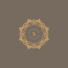 The letter S. Flourishes calligraphic monogram emblem template. Luxury elegant frame ornament line logo design vector illustration. Example designs for Cafe, Hotel, Heraldic, Restaurant, Boutique