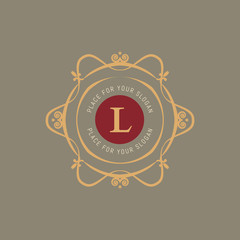 The letter L. Flourishes calligraphic monogram emblem template. Luxury elegant frame ornament line logo design vector illustration. Example designs for Cafe, Hotel, Heraldic, Restaurant, Boutique