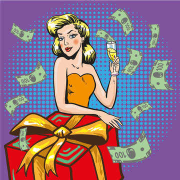 Vector illustration of rich successful woman, pop art style