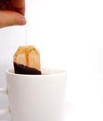 tea bag in white cup on white background