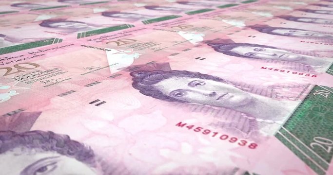 Banknotes of twenty Venezuelan bolivars rolling on screen, cash money, loop