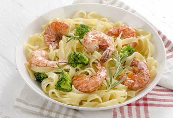 Pasta with shrimps. Healthy diet eating concept.