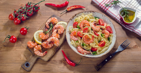 Pasta with shrimps. Healthy food.