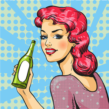 Vector illustration of woman with wine in pop art style