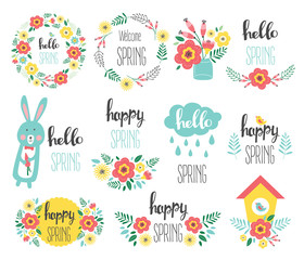 Spring set. Vector elements with flowers wreath, frame, rabbit, spring quote for greeting card, invitation, poster