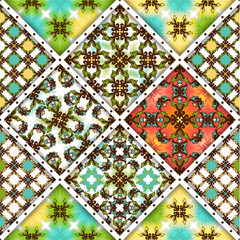 Vector abstract seamless patchwork pattern. Arabic tile texture with geometric and floral ornaments, stylized flowers, dots and lace. Vintage vector card.