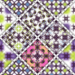 Vector abstract seamless patchwork pattern. Arabic tile texture with geometric and floral ornaments, stylized flowers, dots and lace. Vintage vector card.