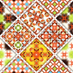 Vector abstract seamless patchwork pattern. Arabic tile texture with geometric and floral ornaments, stylized flowers, dots and lace. Vintage vector card.