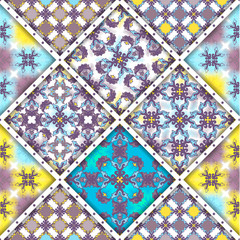 Vector abstract seamless patchwork pattern. Arabic tile texture with geometric and floral ornaments, stylized flowers, dots and lace. Vintage vector card.