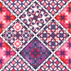 Vector abstract seamless patchwork pattern. Arabic tile texture with geometric and floral ornaments, stylized flowers, dots and lace. Vintage vector card.