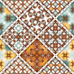 Vector abstract seamless patchwork pattern. Arabic tile texture with geometric and floral ornaments, stylized flowers, dots and lace. Vintage vector card.