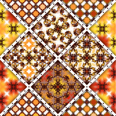 Vector abstract seamless patchwork pattern. Arabic tile texture with geometric and floral ornaments, stylized flowers, dots and lace. Vintage vector card.