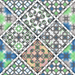 Vector abstract seamless patchwork pattern. Arabic tile texture with geometric and floral ornaments, stylized flowers, dots and lace. Vintage vector card.