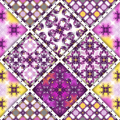 Vector abstract seamless patchwork pattern. Arabic tile texture with geometric and floral ornaments, stylized flowers, dots and lace. Vintage vector card.