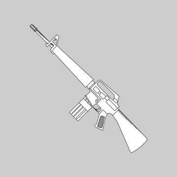 recommend clip art: Automatic firearms, pistol, rifle, machine gun, in a linear style