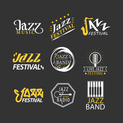 Jazz festival logos set isolated on black background.