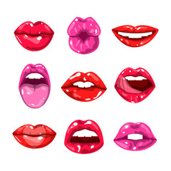 Female glossy colored lips that kiss and show tongue, white teeth or smile and happy, surprised or excited emotions.