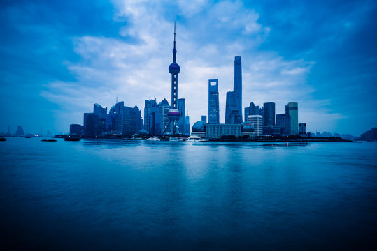 Shanghai skyline panorama in blue tone.