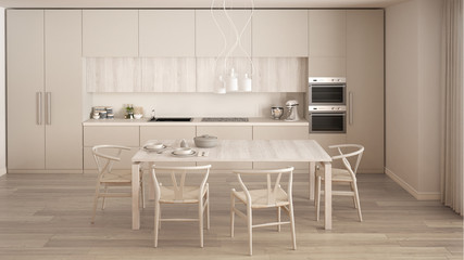 Modern minimal white kitchen with wooden floor, classic interior design