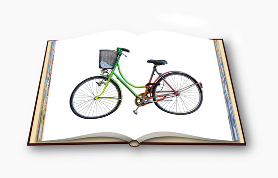 Old colored bicycle with basket on white background - Opened photobook concept image