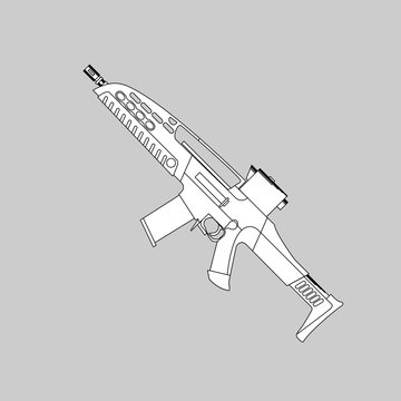 recommend clip art: Automatic firearms, pistol, rifle, machine gun, in a linear style