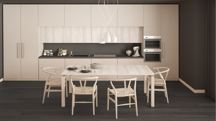 Modern minimal white kitchen with wooden floor, classic interior design