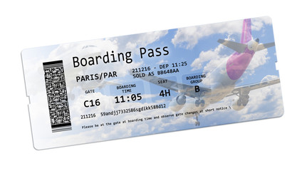 Airline boarding pass tickets isolated on white with space for text insertion - The contents of the image are totally invented and does not contain under copyright parts. 
