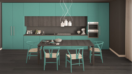 Modern minimal turquoise kitchen with wooden floor, classic interior design