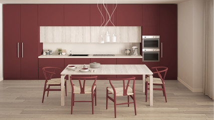 Modern minimal red kitchen with wooden floor, classic interior design