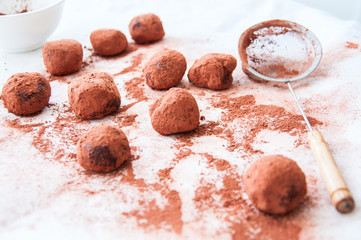 Dark chocolate truffles covered with cocoa powder on a white background. Overhead view, 