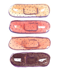 Watercolor of four adhesive bandages on white background