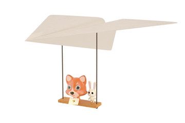 A cartoon fox and rabbit on a paper airplane.3D illustration.
