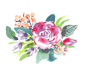 Small boquet with pink roses, purple and orange flowers and green leaves painted in watercolor on clean white background