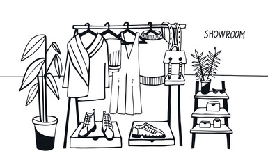 Vector illustration showroom. Coat rack with clothes, bags, boxes and shoes, fashion, modern style.