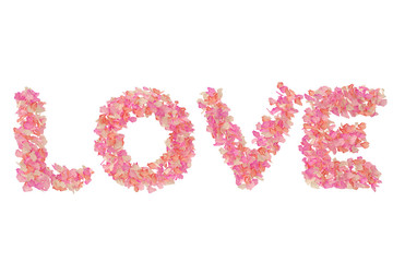 Rose  petals forming love on white background. 3D illustration.