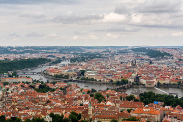 Fototapeta na wymiar Top view to old town, Vltava and Karluv most in Prague, Czech republic from an observation deck on Petrin hill.