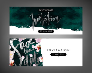 Trendy spring flowers vector invitation templates. Watercolor paint textured petals background. Soft velvet, blossom plum tree and shabby gold textures. - 139195847